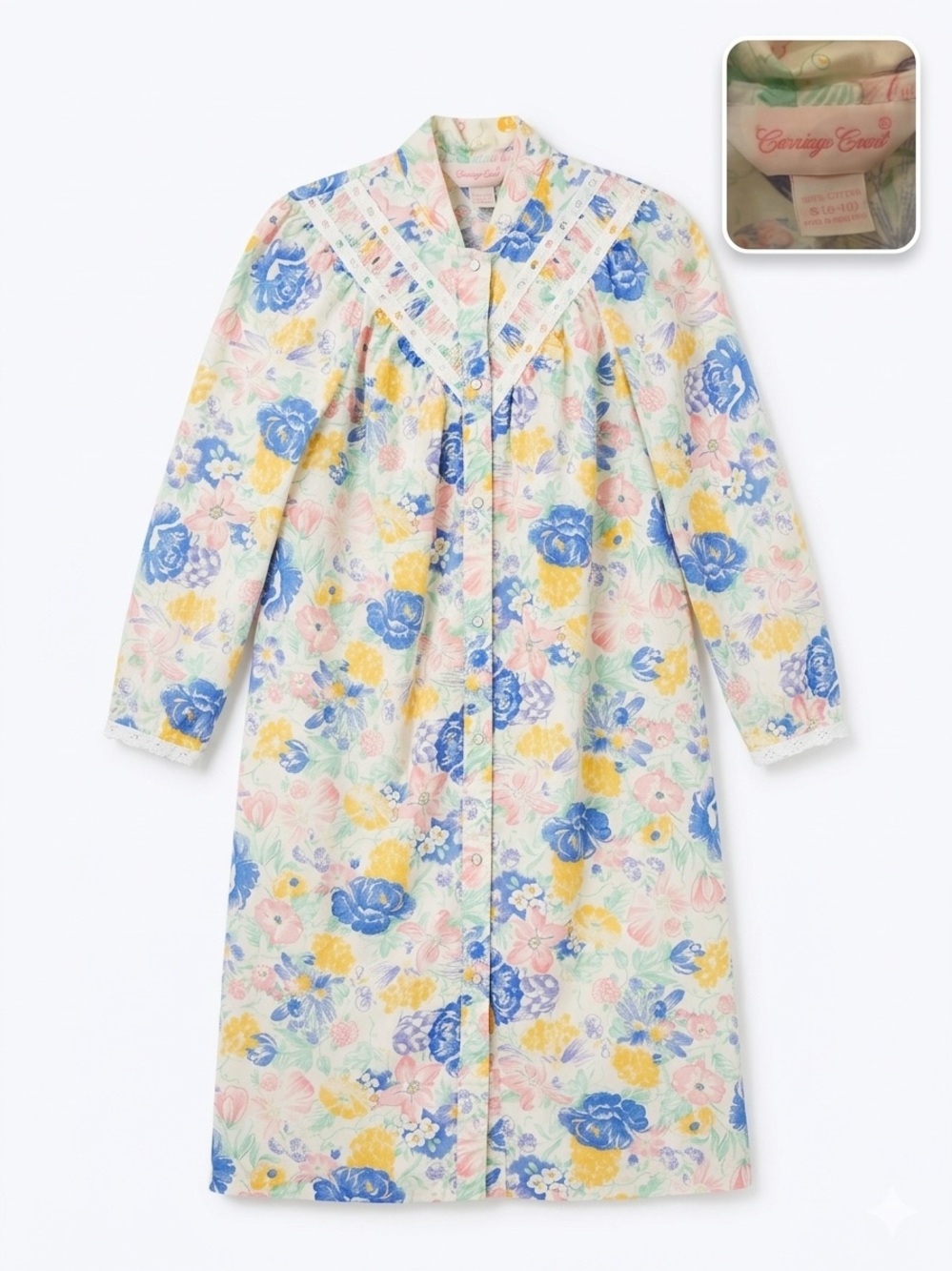 Vintage 80s Carriage Court Floral Housecoat Cotton Puffy Sleeve Eyelet Lace Trim